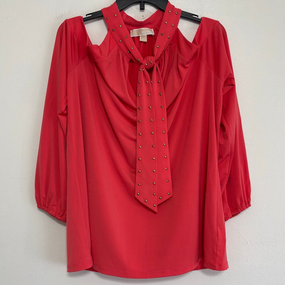 MICHAEL Michael Kors Cold-shoulder Tie-neck Coral Blouse Size XL